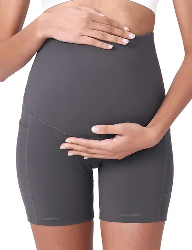 Vista 4 de POSHDIVAH - Pantalones cortos de yoga para embarazadas, cubren la barriga, pantalones deportivos cortos para correr, hacer ejercicio y el verano