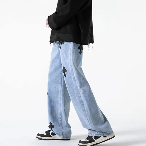 Vista 5 de Pantalones de mezclilla holgados para hombre, estilo hip-hop, cruzados, holgados, pierna ancha, rectos, ropa de calle