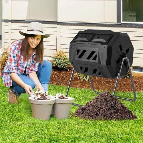 Vista 9 de Goplus Contenedor de compostaje de doble cámara para exteriores de 42 galones con 2 puertas corredizas, marco de metal resistente, compostador Negro