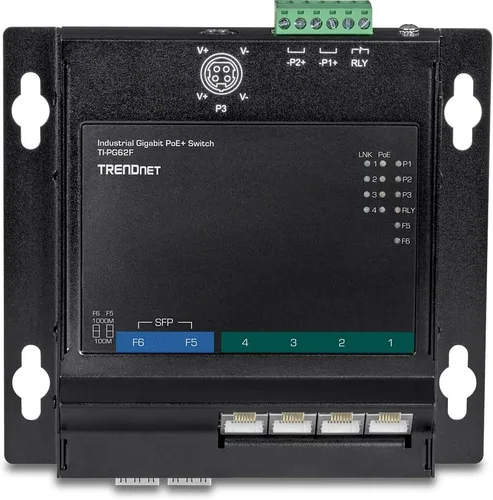 Vista 2 de TRENDnet Interruptor de acceso frontal industrial Gigabit PoE+ de 6 puertos, TI-PG62F, 4 puertos Gigabit PoE+, 2 ranuras Gigabit SFP, riel DIN