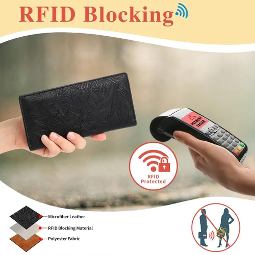 Vista 7 de FALAN MULE Cartera delgada ultrafina para mujer, de cuero plegable, bloqueo RFID, tarjetero de diseño, Negro