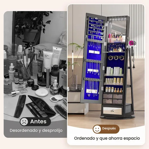 Vista 7 de HWB Armario de almacenamiento de joyas con espejo LED de cuerpo entero, organizadores de joyas giratorios de 360° de pie con estantes y Negro