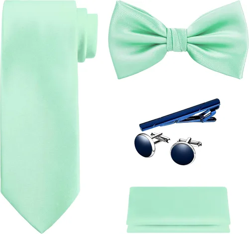 Vista 20 de TIE G 5pcs Tie Set in WHITE OR BLACK GIFT BOX: Solid Color Necktie, Satin Bow Tie, Pocket Square, Lapel, Cuff Links A-aqua