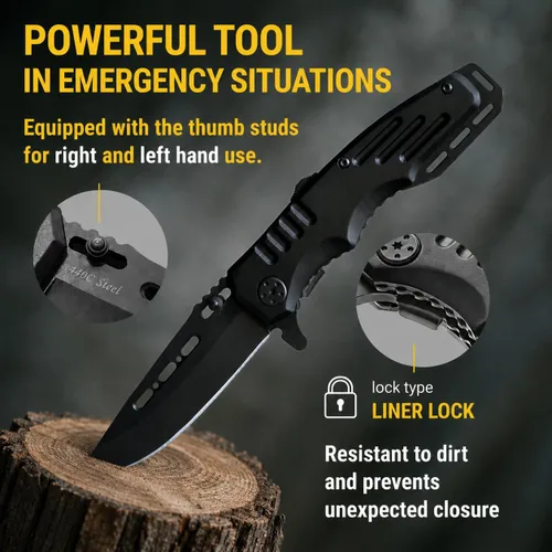 Vista 6 de Navaja de bolsillo con bloqueo de seguridad - Hoja afilada de 3.4 pulgadas - Cuchillo táctico plegable con mango de aluminio - Herramienta ideal