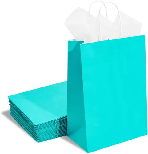Vista 2 de DjinnGlory Paquete de 24 bolsas de regalo de papel azul turquesa de tamaño mediano con asas de 10 x 8 x 4 pulgadas y 24 papel de seda para Verde