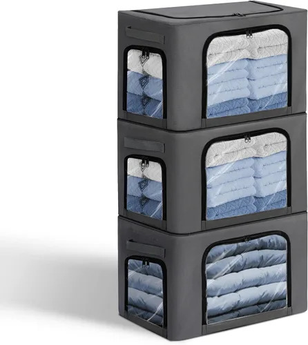 Vista 8 de GuliPostan Paquete de 3 contenedores apilables de almacenamiento de ropa de 40L con asas de marco de metal y cremallera, caja organizadora plegable