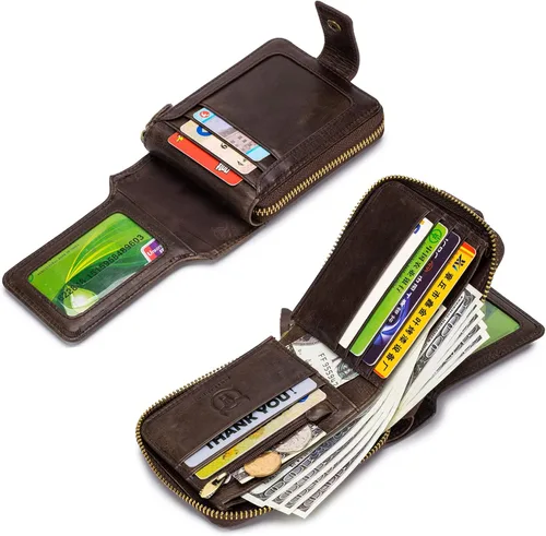 Vista 101 de LUKZIJAES Billetera de cuero genuino para hombre, con bloqueo RFID, delgada, plegable, bolsillo frontal, #3-Café, Vintage