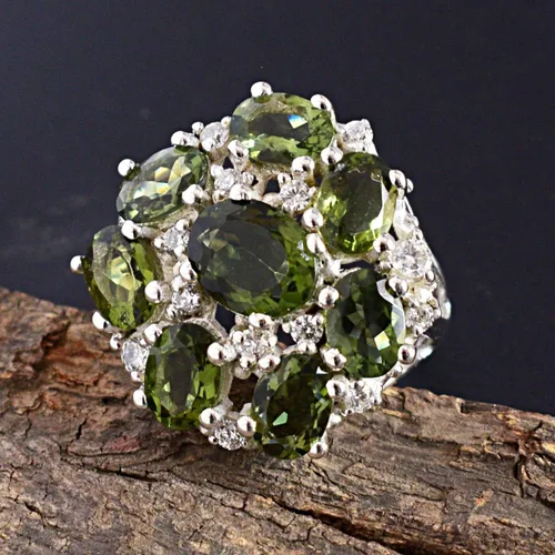 Vista 2 de Anillo de plata de ley 925 con piedras preciosas de Moldavita, diseño impresionante para mujer