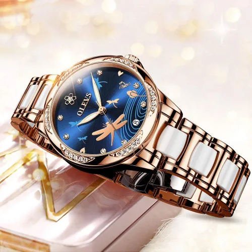Vista 5 de OLEVS Relojes para mujer, mecánico automático, cuerda automática, oro rosa, reloj de mujer, vestido de diamante, pulsera de cerámica, impermeable