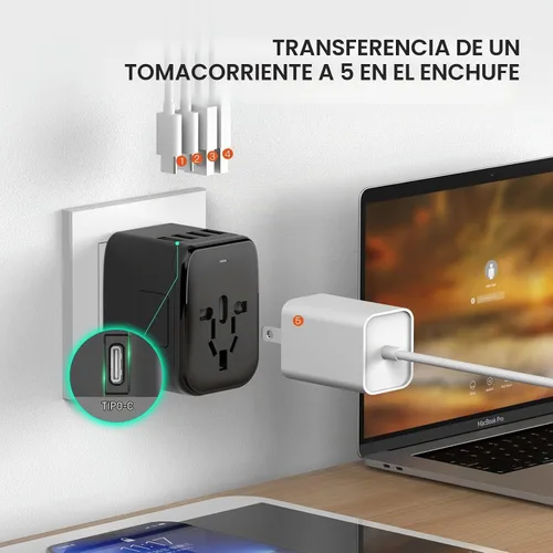 Vista 2 de Universal Travel Adapter, VYLEE 5 in 1 International Power Adapter Negro
