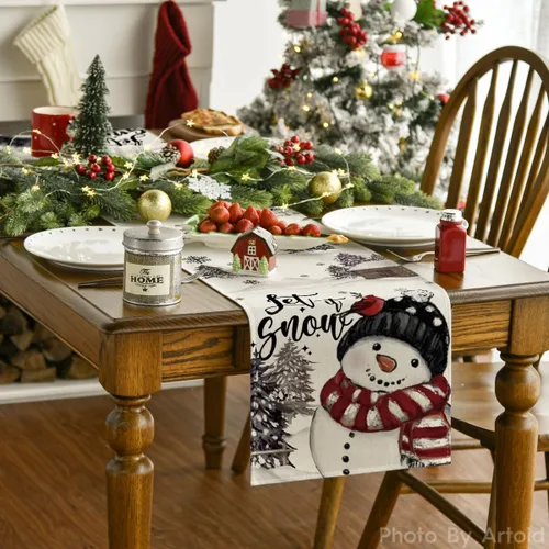 Vista 2 de Artoid Mode Árboles de Navidad Deja que nieve Muñeco de nieve negro Camino de mesa de Navidad, decoración de mesa de comedor para vacaciones