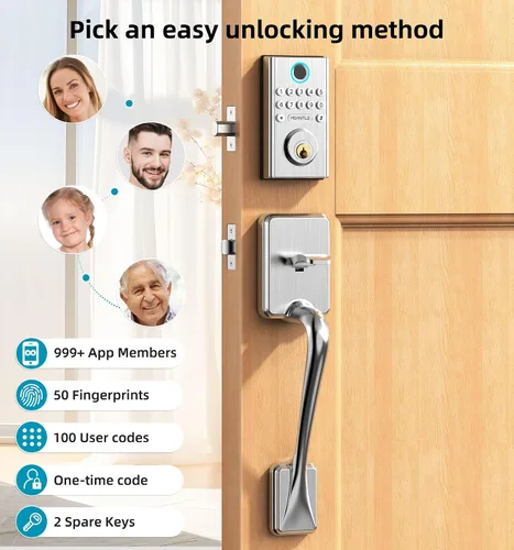 Vista 7 de Juego de cerradura de puerta inteligente WiFi: cerrojo de entrada sin llave HEANTLE con asa, cerrojo de huella dactilar, teclado digital