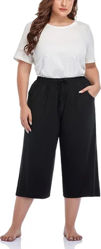 Vista 5 de ZERDOCEAN Pantalones casuales de pierna ancha para mujer, talla grande, cómodos, capri, relajados, con bolsillos con cordón