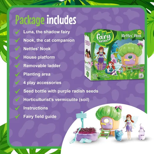 Vista 6 de My Fairy Garden Nettles' Nook Mini Terrarium - Pequeño jardín con hada de sombra y muñeca de gato - Cultiva tu propio mini kit de jardín - Juego