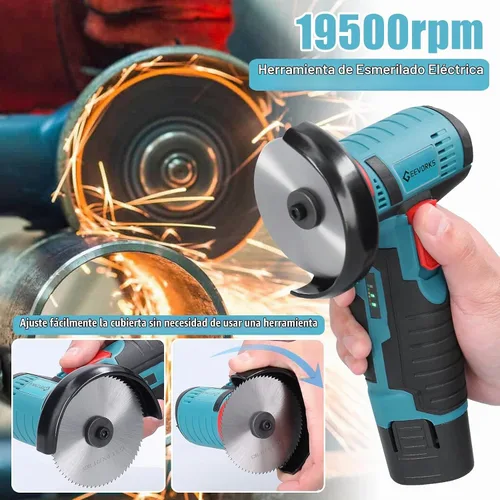 Vista 6 de Geevorks - Mini amoladora angular inalámbrica de 12 V 19500 RPM con 2 baterías de 2000 mAh, cuchillas de corte de nailon, disco de molienda/disco