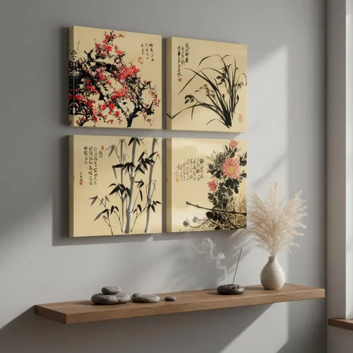 Vista 2 de JiazuGo Lienzo decorativo asiático oriental para pared, cuadros chinos para decoración estética de dormitorio, juego de 4 obras de arte estiradas