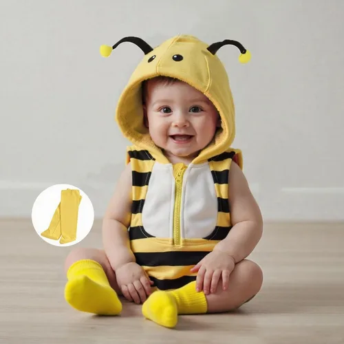 Vista 2 de Madjtlqy Disfraz de Halloween para bebé, ropa con capucha y calcetines largos Abeja