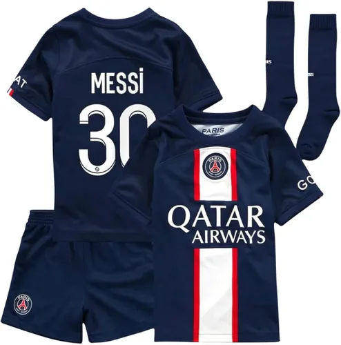 Vista 2 de Paris Messi Blue Home 2223 - Conjunto de camiseta de fútbol para niños, pantalones cortos y calcetines, tamaño S (6-7 años) para jóvenes, Azul