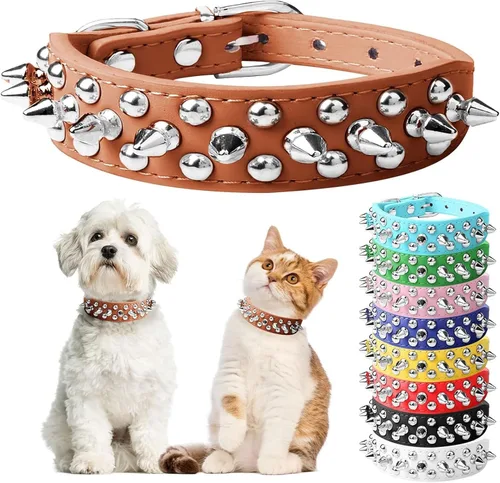 Vista 19 de Collar de perro y gato negro con púas pequeñas para perros pequeños y medianos machos – Collar ajustable con tachuelas – Collar de cuero punk