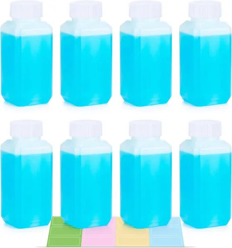 Vista 9 de DEMORA Botellas de viaje pequeñas de plástico cuadradas de 4 onzas, recipientes reutilizables a prueba de fugas con tapas y calcomanías