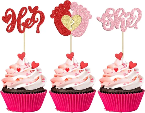 Vista 23 de 24 piezas de decoración de cupcakes con purpurina dorada para el día de San Valentín, temática de San Valentín, fiesta de cumpleaños, suministros