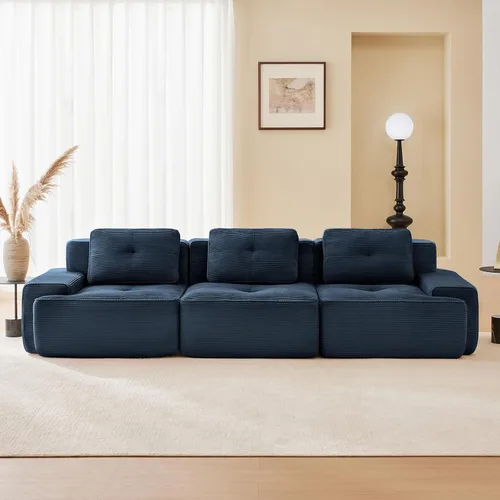 Vista 3 de Sofá seccional modular comprimido sin estructura de 117", sofás seccionales de 3 plazas para sala de estar, sofá seccional modular de pana azul