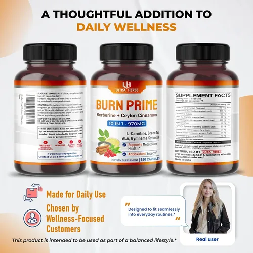 Vista 9 de Ultra Burn Prime 1730 mg - 10 en 1 con berberina, canela de Ceilán, L-carnitina, ALA, té verde y gimnasia, apoya el metabolismo, la energía