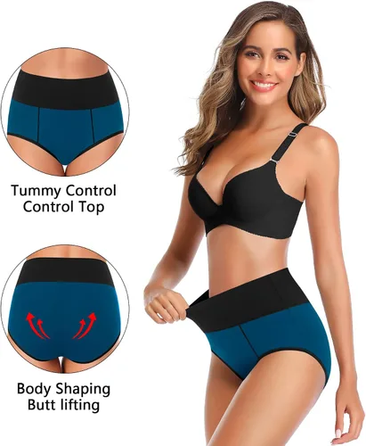 Vista 4 de OLIKEME Ropa interior de cintura alta para mujer, control de abdomen, algodón, talla grande, cobertura completa, paquetes adelgazantes, bragas