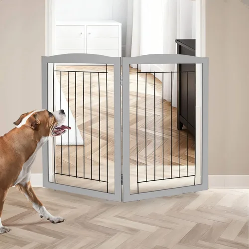 Vista 24 de ZJSF Puerta plegable independiente para perros para casa, puerta de madera extra ancha para cachorros, escaleras, puertas para mascotas, valla alta