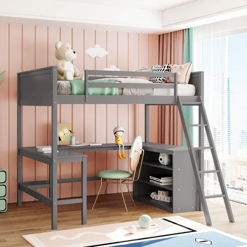 Vista 12 de Cama loft de madera tamaño matrimonial con escritorio en forma de U y espejo de tres pliegues, base de cama tipo loft multifunción con Espresso-10.16