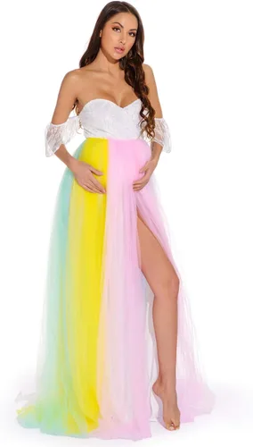 Vista 5 de ZIUMUDY Vestido de tul de maternidad arcoíris para sesión de fotos, vestido de tutú de maternidad, vestido de baby shower, vestido de dama de honor