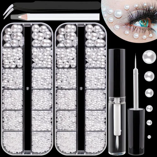 Vista 13 de Kit de diamantes de imitación y perlas con parte trasera plana, cristal redondo AB y gemas blancas transparentes+perlas blancas y beige