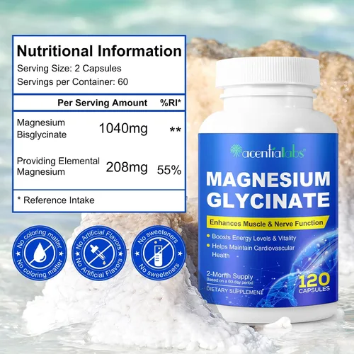 Vista 4 de Glicinato de magnesio puro, suplemento de magnesio, complejo de magnesio para mujeres y hombres, 120 cápsulas, ayuda al alivio del estrés, salud