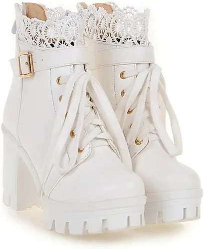 Vista 7 de Hbeylia Botas de combate de plataforma para mujer, botas de cuero con encaje grueso, botines de cuero gótico, antideslizantes, tacones altos, botas