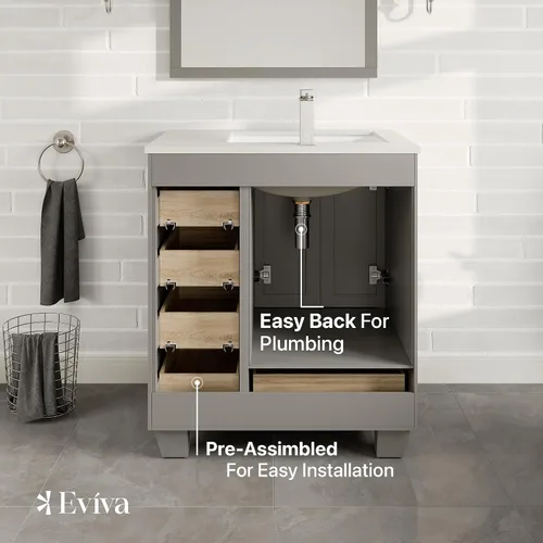 Vista 6 de Eviva Happy - Tocador de baño gris de 30 pulgadas con tapa de cuarzo Carrara y fregadero de porcelana