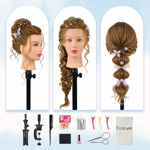 Vista 4 de Cabeza de maniquí de cabello humano, 80% cabello real, maniquí para cosmetología, con soporte de trípode para práctica de peinado, trenzado y Ámbar