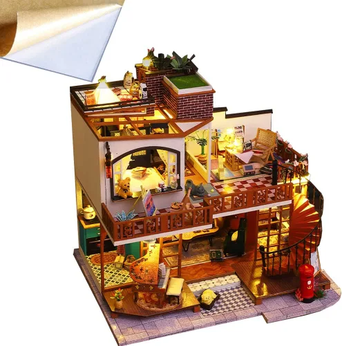 Vista 13 de Mini casa de muñecas de madera 3D con cubierta a prueba de polvo y movimiento de música, kit de casa de muñecas en miniatura y muebles, idea