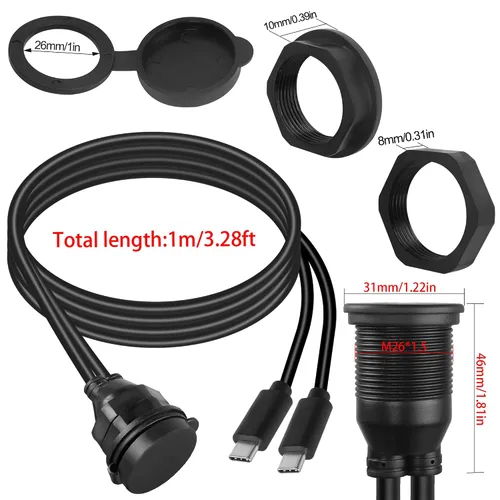 Vista 6 de QIANRENON 2 USB C roscado montaje empotrado cable impermeable doble USB C 2.0 macho a hembra montaje en tablero de coche cable de extensión
