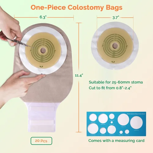 Vista 2 de 20 bolsas de colostomía de una pieza, suministros de ostomía, corte máximo de 2.362 in para adaptarse a bolsas drenables con cierre para ileostomía