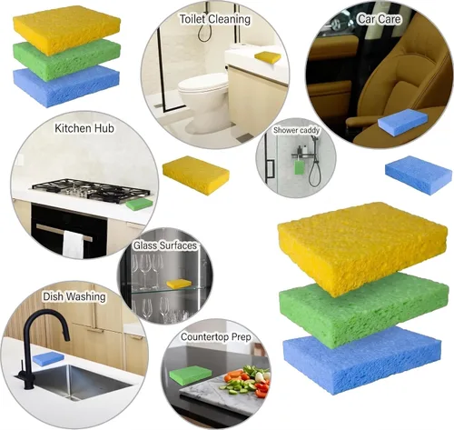 Vista 5 de Paquete de 36 esponjas de celulosa comprimida emergentes, esponja de cocina resistente, limpia y resistente sin rayones, ecológicas, reutilizables