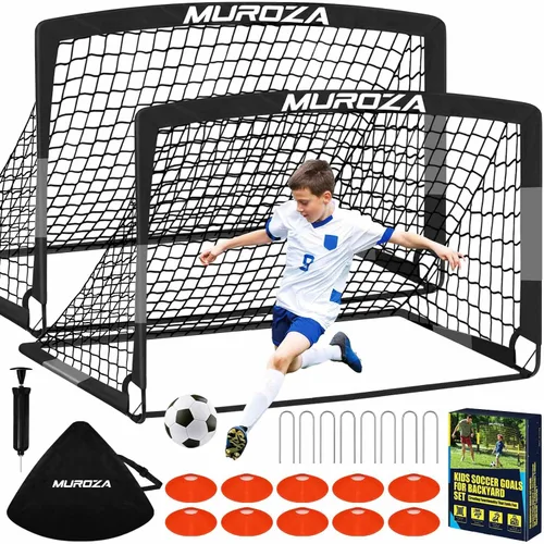 Vista 14 de Portería de fútbol, juego de porterías de fútbol para niños para patio trasero, paquete de 2 redes de fútbol portátiles desplegables con pelota