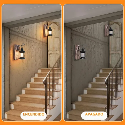 Vista 5 de Lámparas de pared rústicas, apliques de pared vintage, juego de 2 lámparas de madera antigua de granja con iluminación interior de vidrio Negro-a