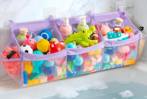 Vista 12 de Criusia Organizador de juguetes de baño extragrande con 3 compartimentos y múltiples bolsillos, almacenamiento de malla de secado rápido
