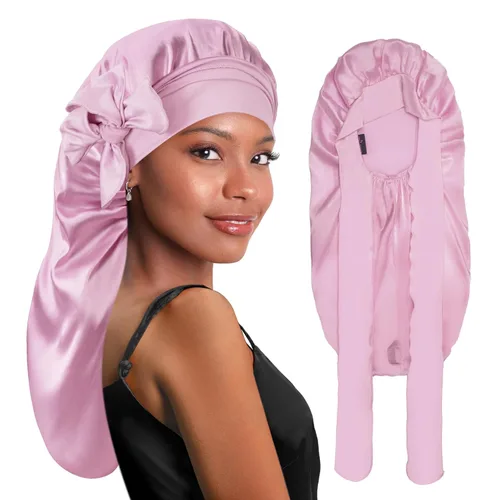 Vista 15 de BONNET QUEEN Gorro de Trenza de Seda Gorro Plegable Extra Largo para Trenzas con Banda de Atar, Capó de Satén Largo para Dormir, Verde Oscuro