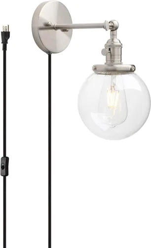 Vista 12 de PERMO Aplique de Pared Industrial Vintage con Mini Pantalla Globo Redonda de Vidrio Transparente Soplado a Mano de 5.9" (Cromado)