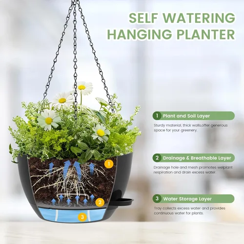Vista 3 de Paquete de 2 12 macetas colgantes con cadenas, macetas de plástico de riego automático para plantas de interior y exterior, diseño de cadena