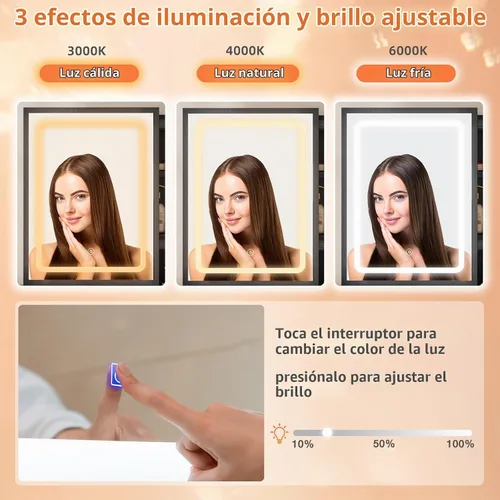 Vista 4 de Escritorio de tocador con espejo y luces, tocador de maquillaje con 3 modos de iluminación ajustables, escritorio de tocador pequeño con espejo