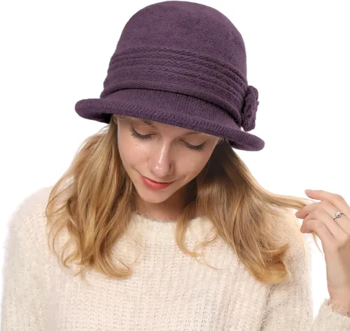 Vista 66 de C-US - Gorro de punto cálido para mujer, con visera de ganchillo con acento de flores