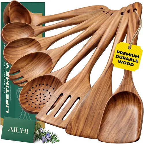 Vista 8 de AIUHI 2 espátulas de madera, mango largo de madera de teca, espátula plana para freír, utensilios de cocina antiadherentes para cocina