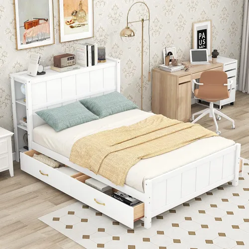 Vista 18 de Cama de plataforma de tamaño matrimonial con cajones y estantes de almacenamiento, base de cama de madera maciza, base de colchón con cabecera